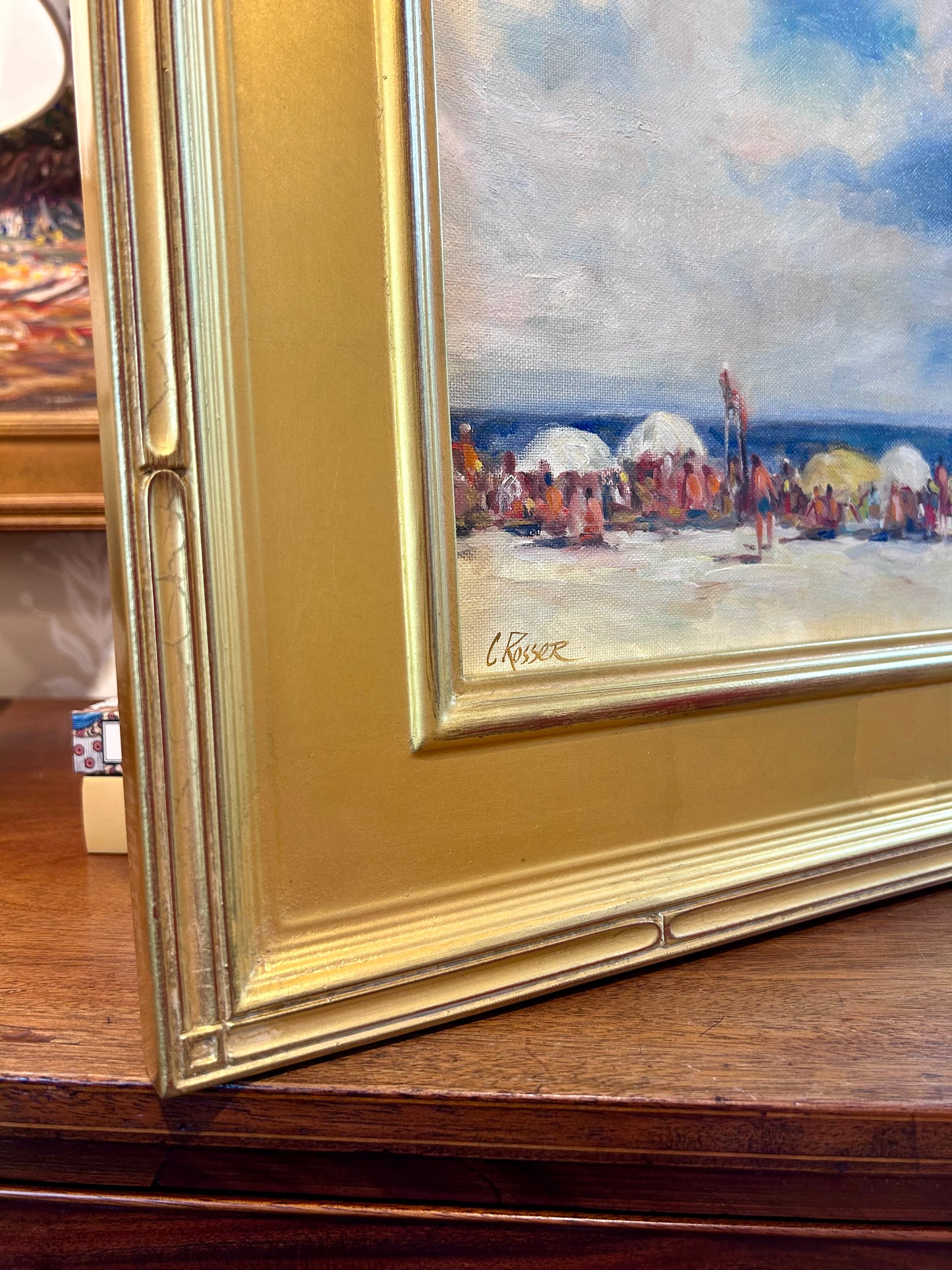 Curtis Rosser Martha's Vineyard Edgartown South Beach Guards Oil Painting in Gold Frame
