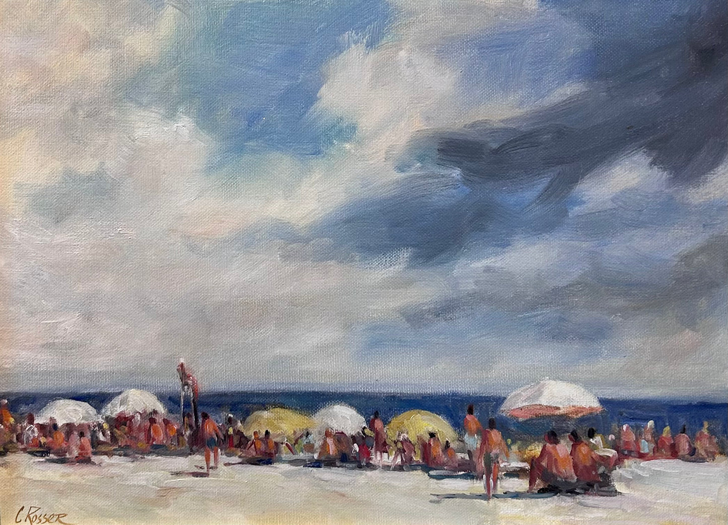 Curtis Rosser Martha's Vineyard Edgartown South Beach Guards Oil Painting in Gold Frame