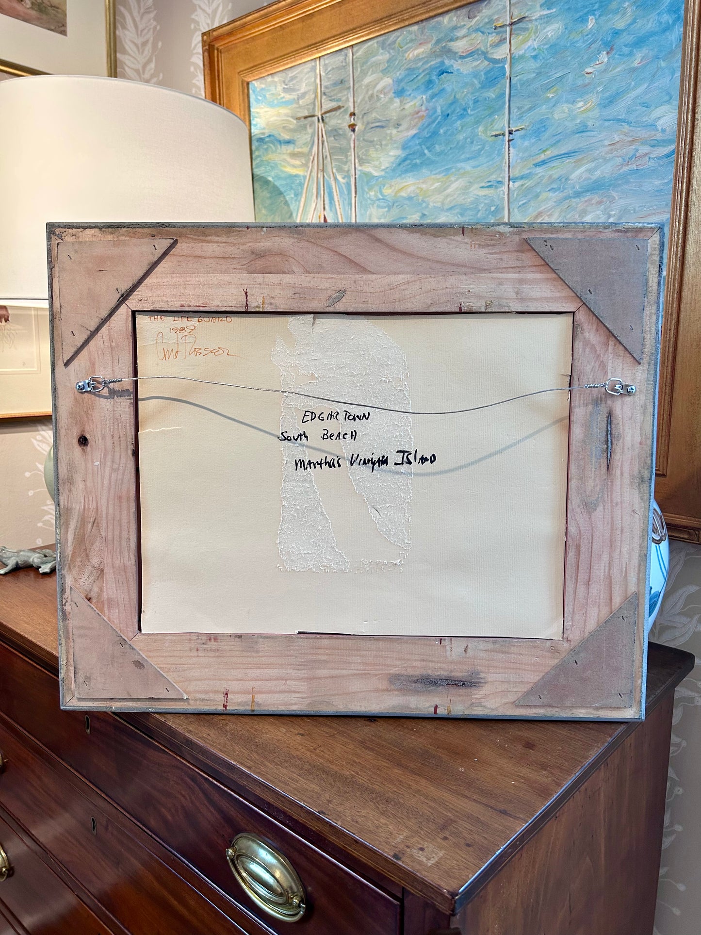 Curtis Rosser Martha's Vineyard Edgartown South Beach Guards Oil Painting in Gold Frame