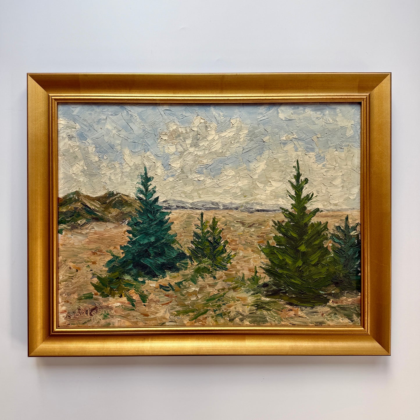 Vintage Impressionist Evergreen Spring Landscape Oil Painting in Gold Frame