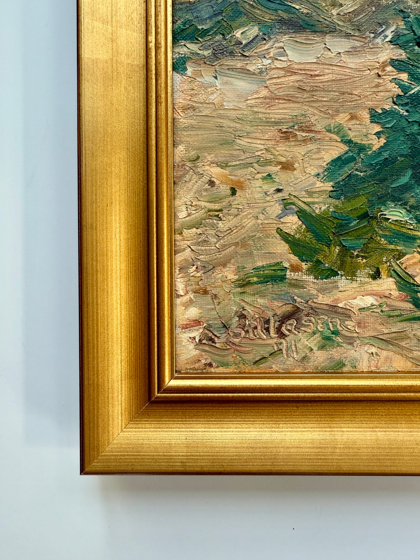 Vintage Impressionist Evergreen Spring Landscape Oil Painting in Gold Frame