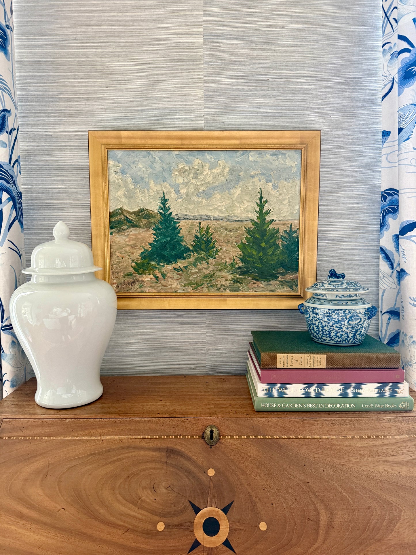 Vintage Impressionist Evergreen Spring Landscape Oil Painting in Gold Frame