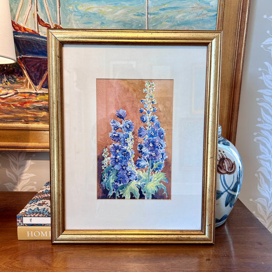 Susan Bourne Botanical Delphinium Watercolor Painting In Gold Frame