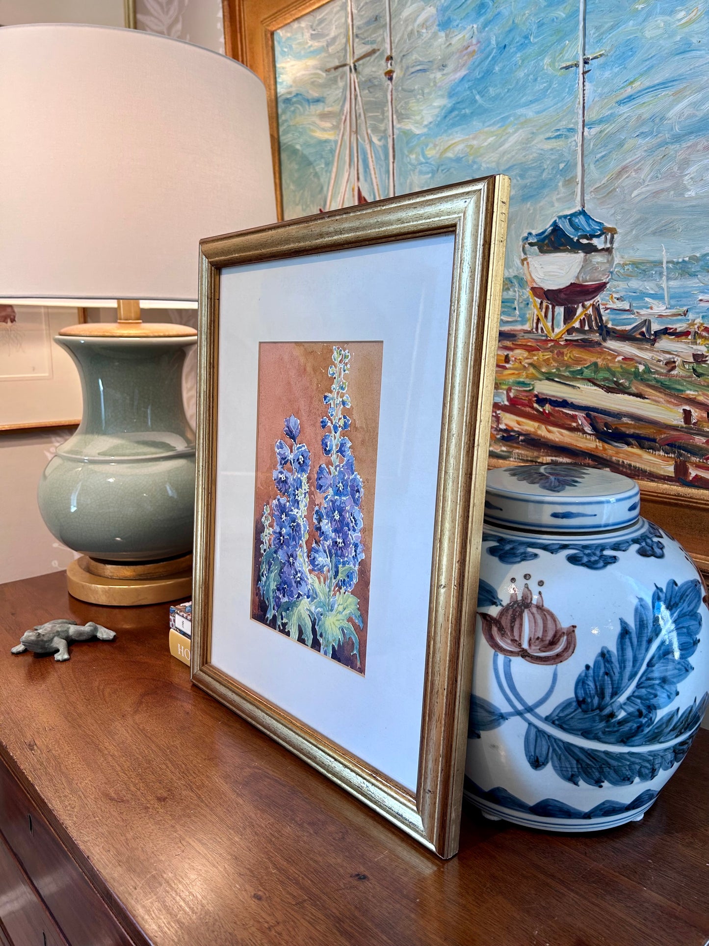 Susan Bourne Botanical Delphinium Watercolor Painting In Gold Frame