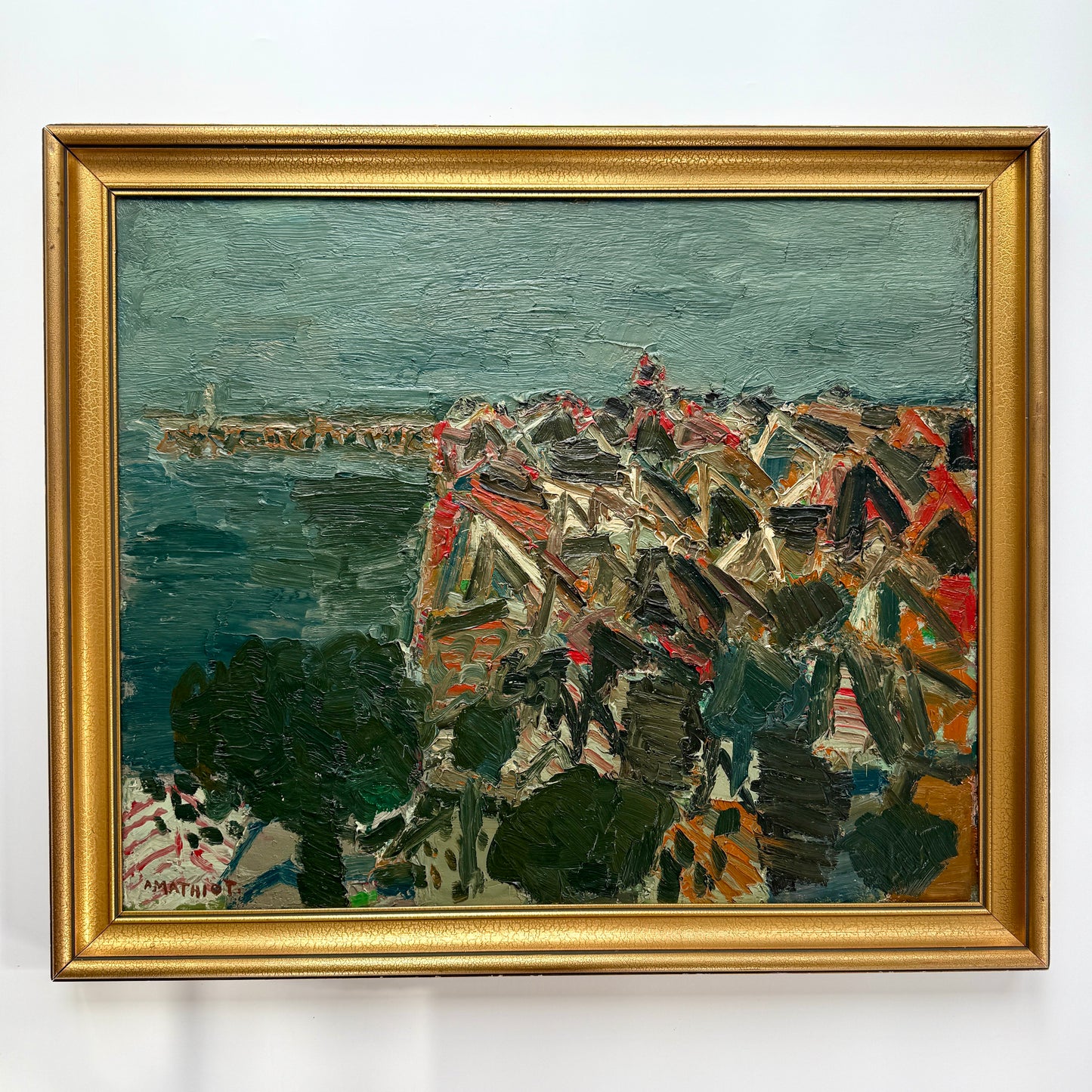 1969 Alain Mathiot Expressionist Coastal Landscape Impasto Oil Painting in Gold Frame