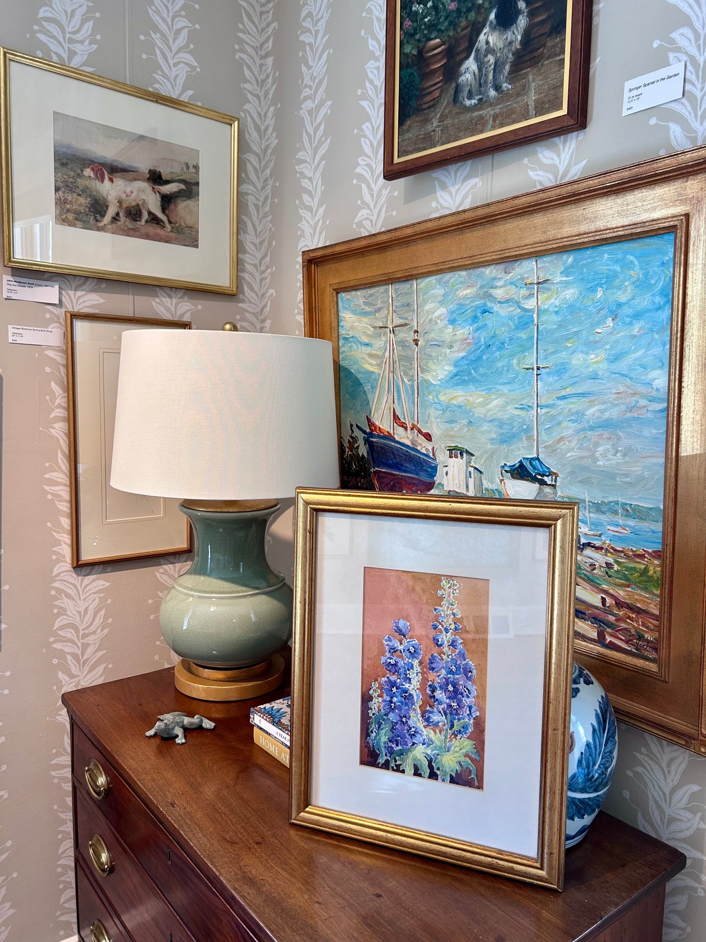 Susan Bourne Botanical Delphinium Watercolor Painting In Gold Frame