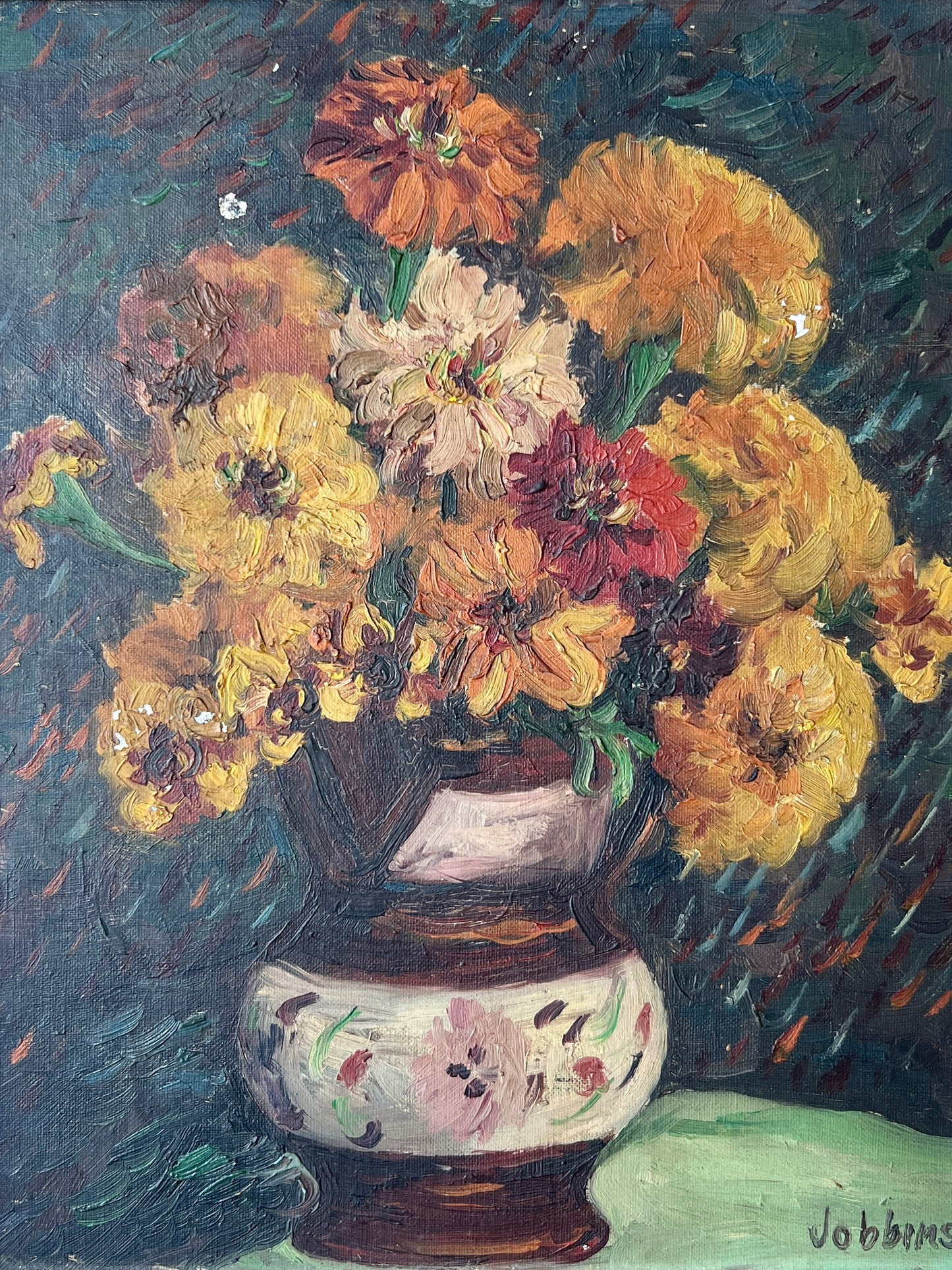 Vintage Caroline Jobbins Warm Floral Still Life in Wood Frame