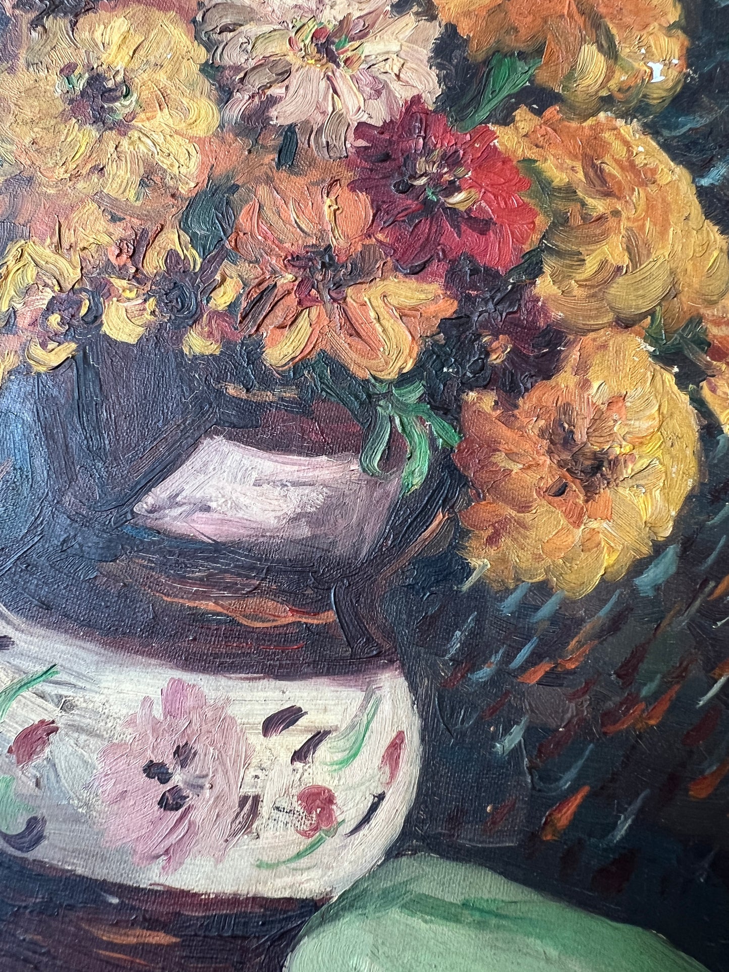 Vintage Caroline Jobbins Warm Floral Still Life in Wood Frame