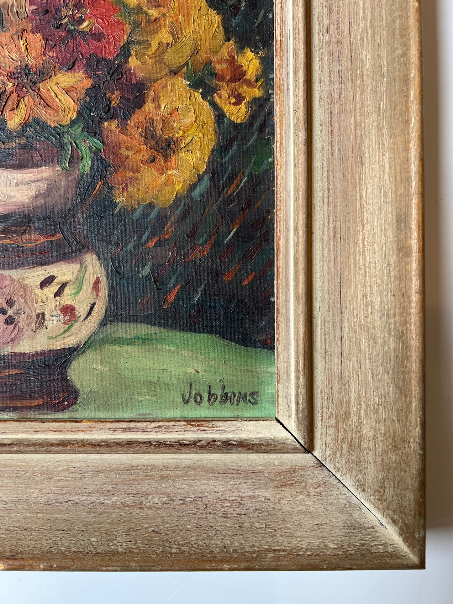 Vintage Caroline Jobbins Warm Floral Still Life in Wood Frame