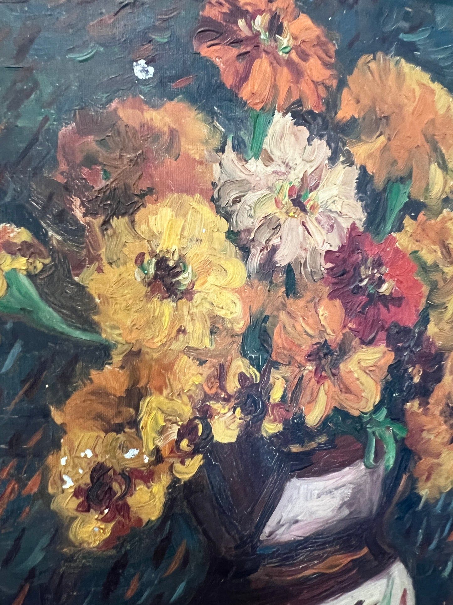 Vintage Caroline Jobbins Warm Floral Still Life in Wood Frame