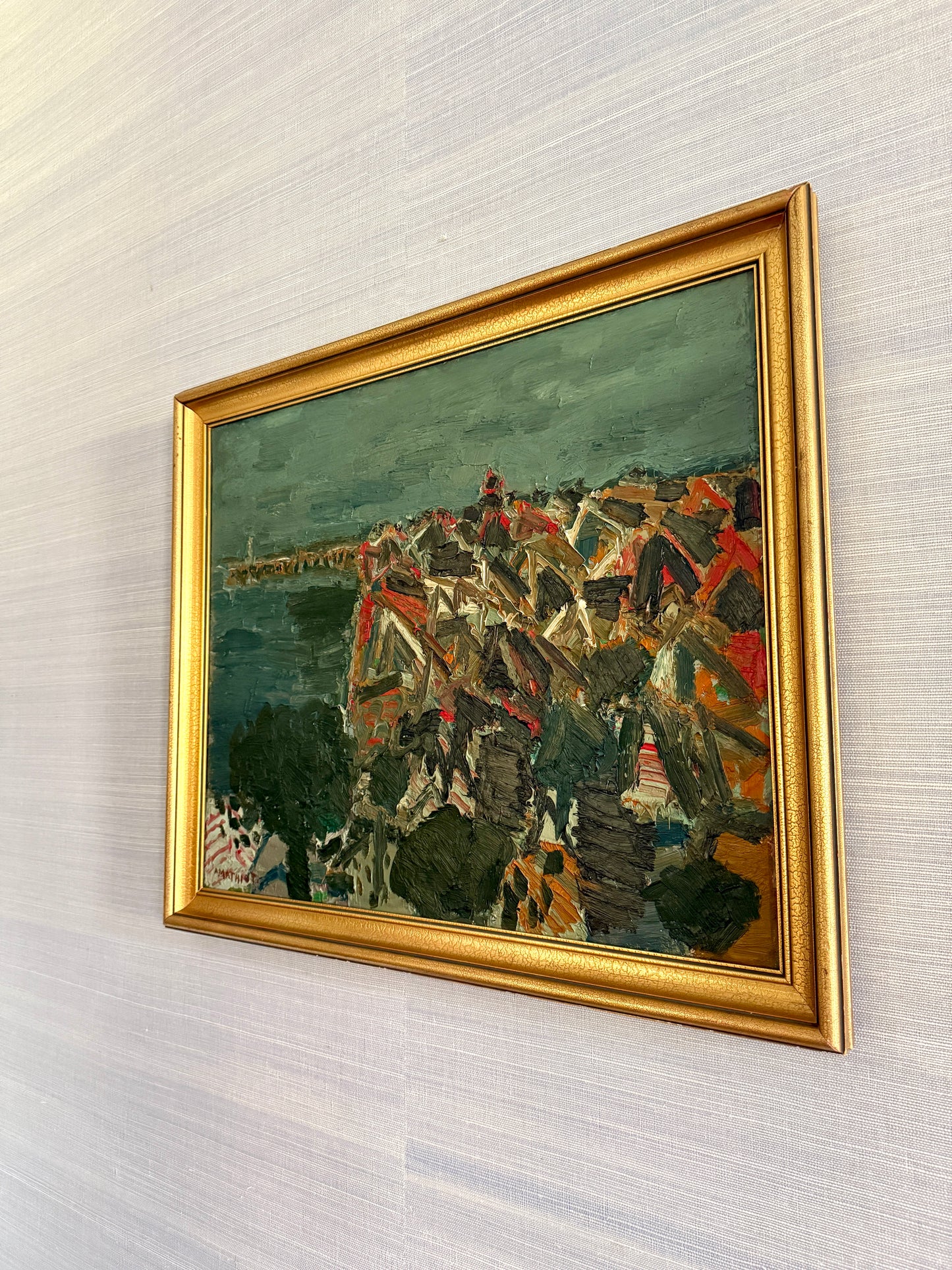 1969 Alain Mathiot Expressionist Coastal Landscape Impasto Oil Painting in Gold Frame