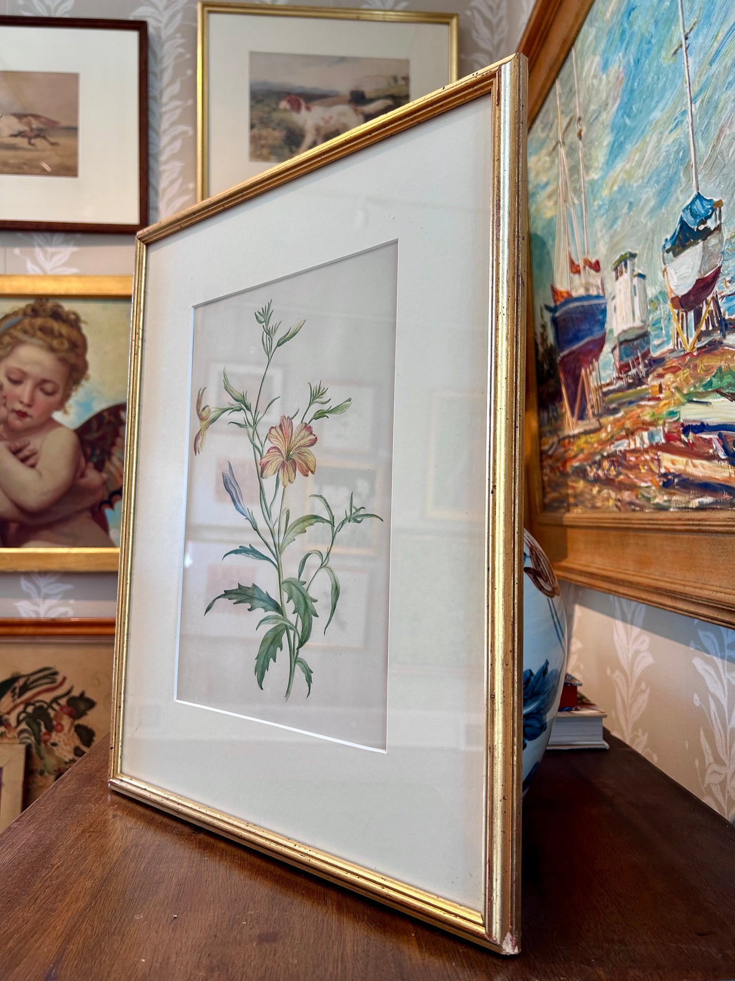 Madame F.C. Byrne 19th Century Wildflower Watercolor Painting in Gold Frame