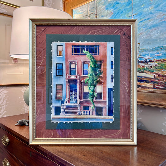 Gregory Van Raalte New York City Brownstone Watercolor Painting on Marbled Paper in Gold Frame