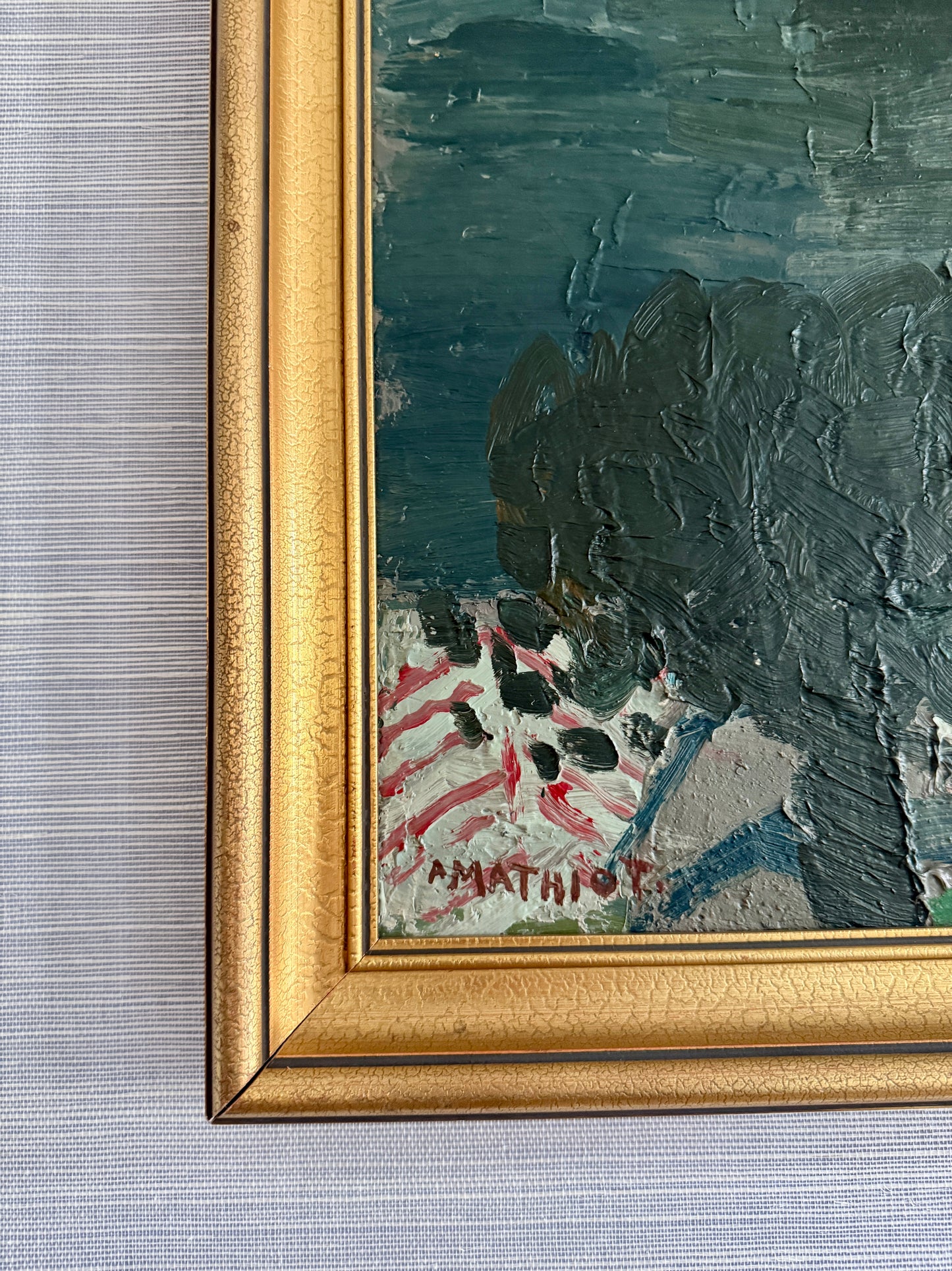 1969 Alain Mathiot Expressionist Coastal Landscape Impasto Oil Painting in Gold Frame