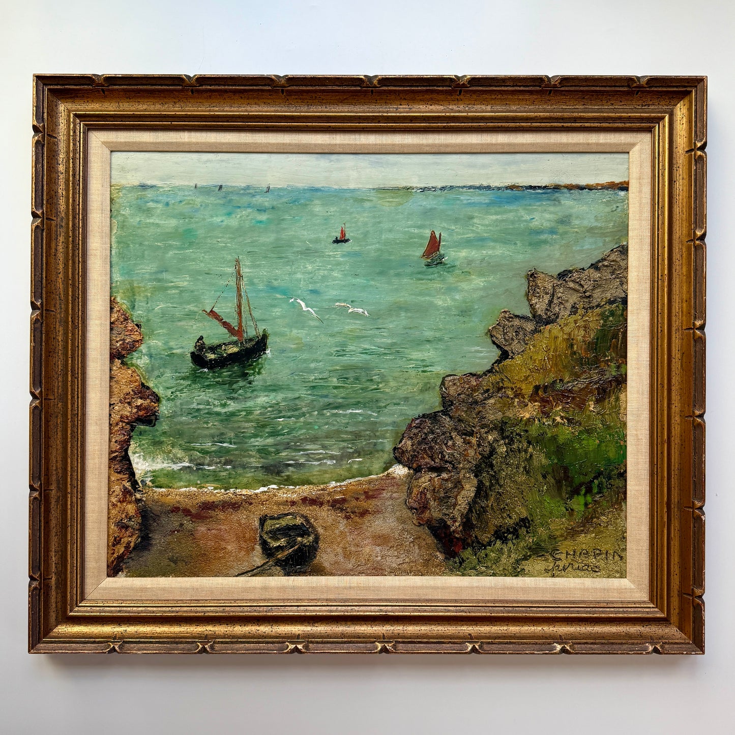 Vintage Mixed Media Sailboats in Coastal Landscape Painting in Gold Frame