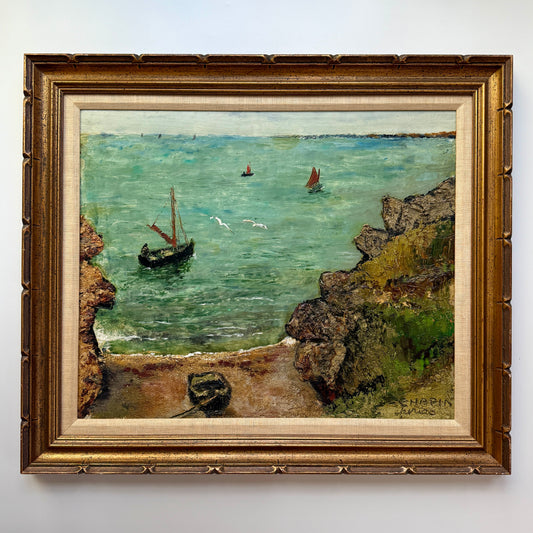Vintage Mixed Media Sailboats in Coastal Landscape Painting in Gold Frame
