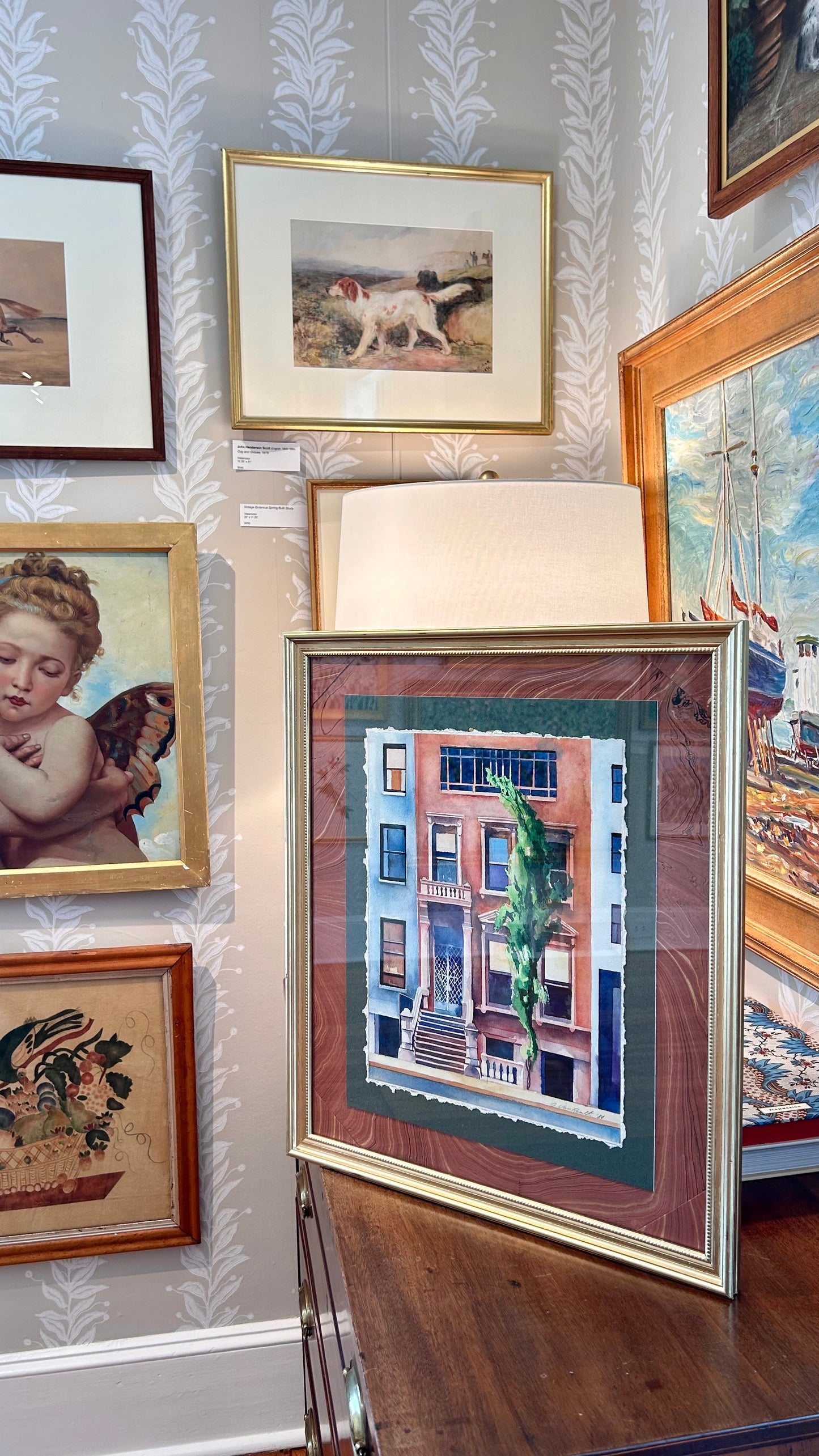 Gregory Van Raalte New York City Brownstone Watercolor Painting on Marbled Paper in Gold Frame
