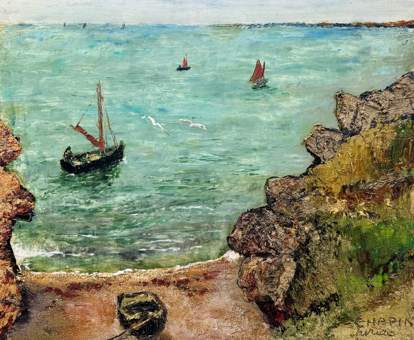 Vintage Mixed Media Sailboats in Coastal Landscape Painting in Gold Frame