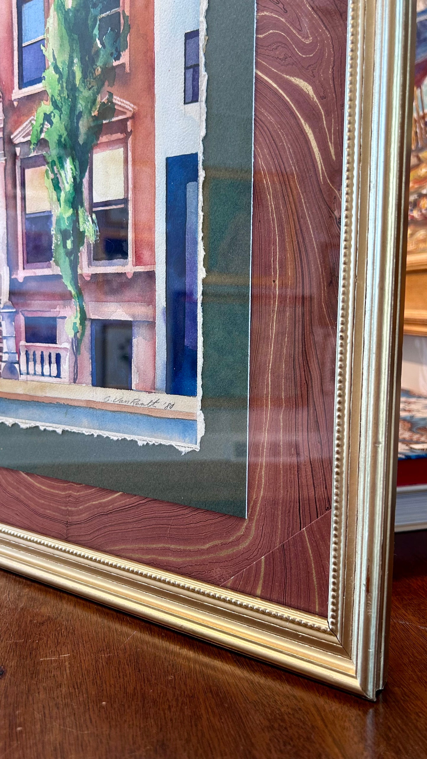 Gregory Van Raalte New York City Brownstone Watercolor Painting on Marbled Paper in Gold Frame