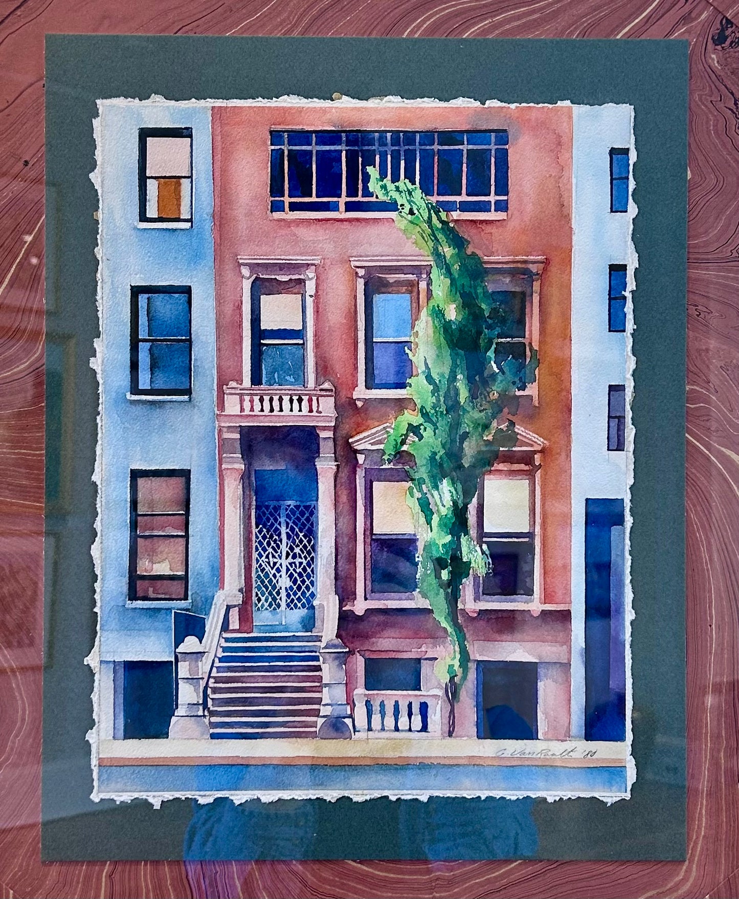Gregory Van Raalte New York City Brownstone Watercolor Painting on Marbled Paper in Gold Frame