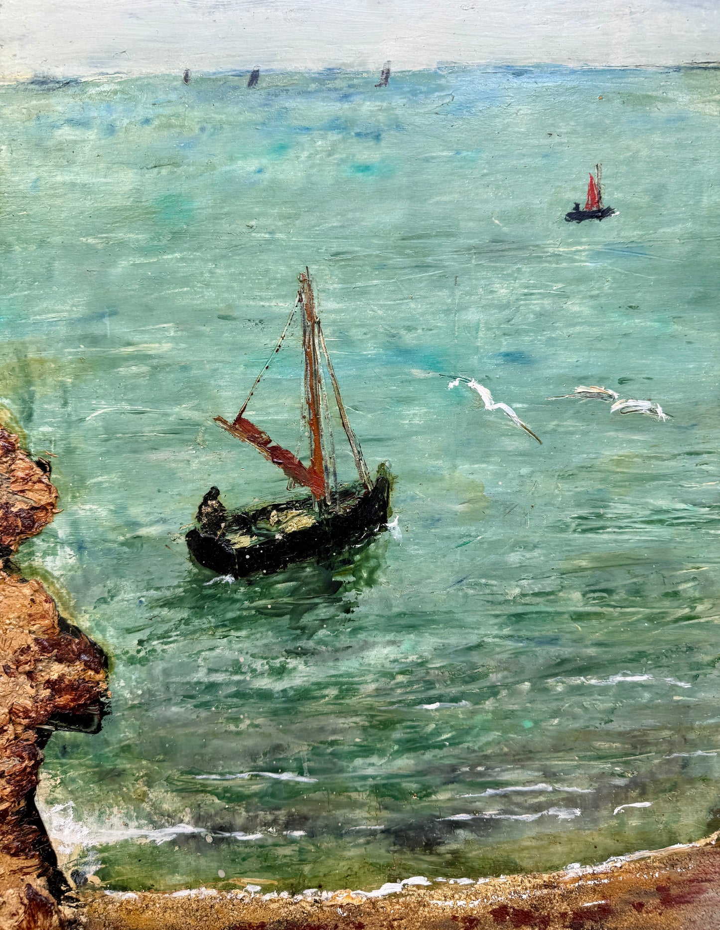 Vintage Mixed Media Sailboats in Coastal Landscape Painting in Gold Frame