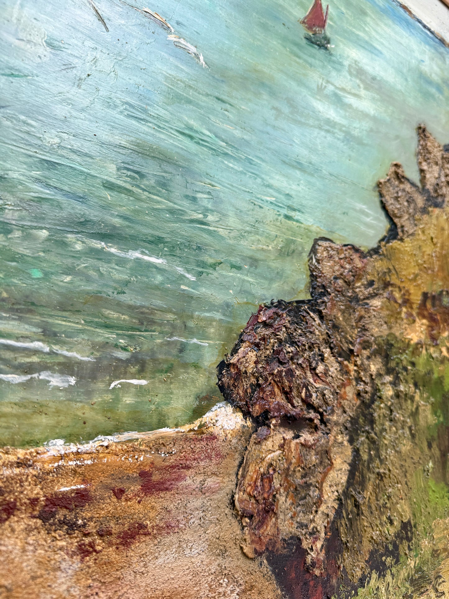 Vintage Mixed Media Sailboats in Coastal Landscape Painting in Gold Frame