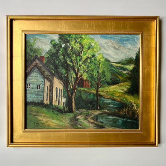 Vintage Caroline Jobbins American Country Landscape Oil Painting in Gold Frame