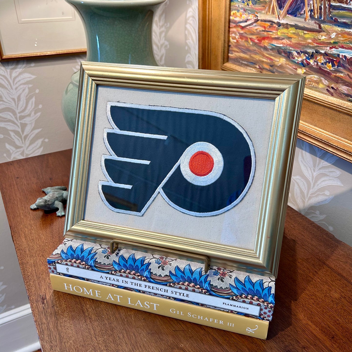 Vintage Philadelphia Flyers Ice Hockey Patch on Ivory Duck Cloth in Gold Frame