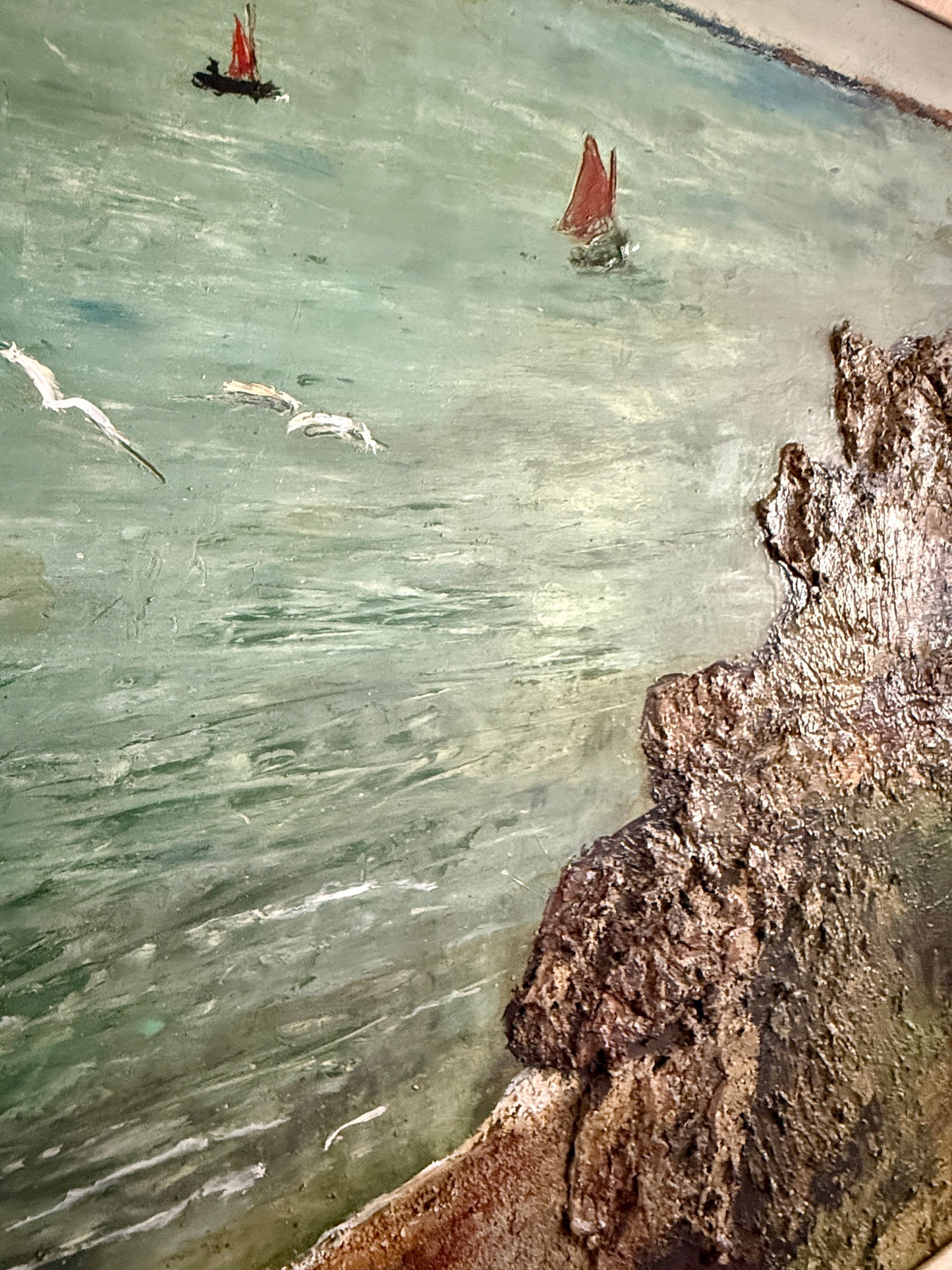 Vintage Mixed Media Sailboats in Coastal Landscape Painting in Gold Frame