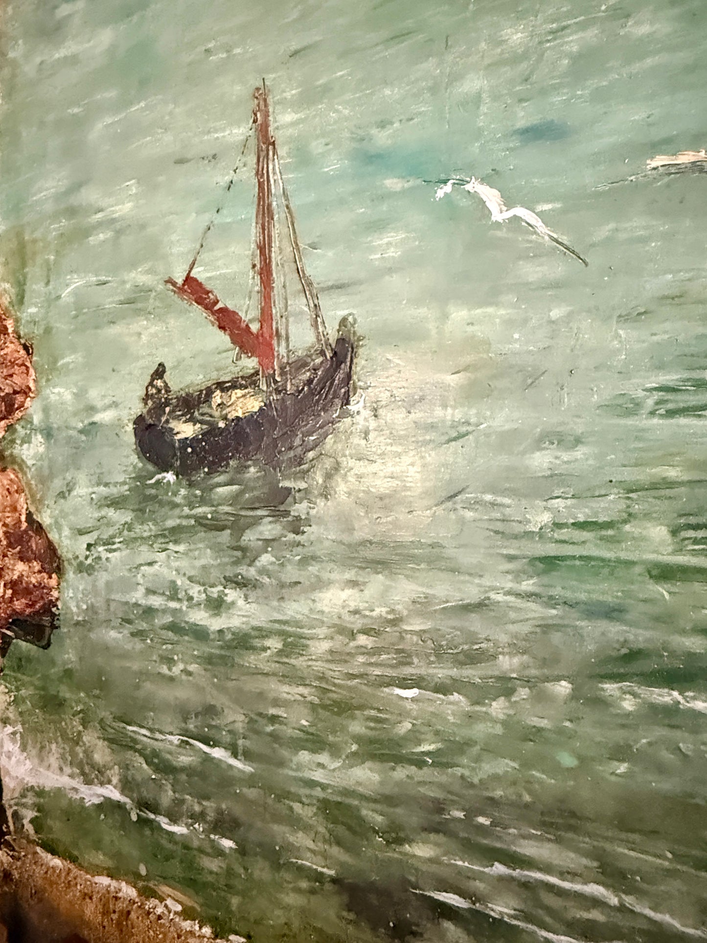 Vintage Mixed Media Sailboats in Coastal Landscape Painting in Gold Frame