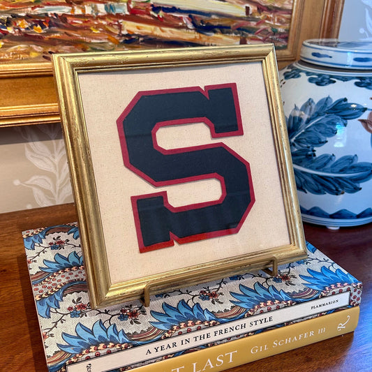 Vintage Navy and Red Varsity Letter Initial S on Ivory Duck Cloth in Gold Frame