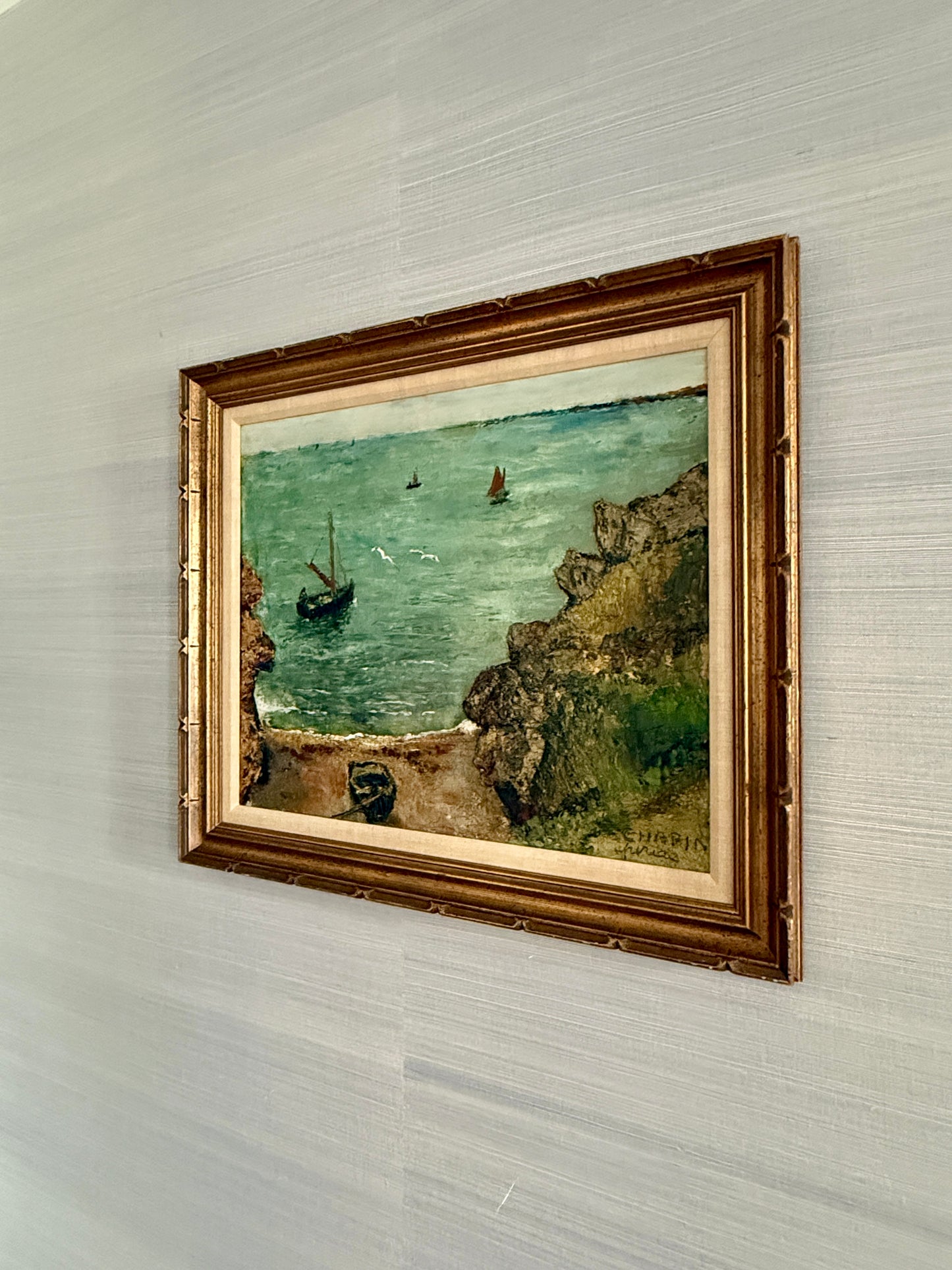 Vintage Mixed Media Sailboats in Coastal Landscape Painting in Gold Frame