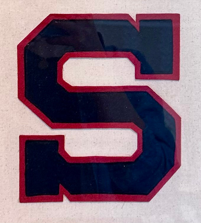 Vintage Navy and Red Varsity Letter Initial S on Ivory Duck Cloth in Gold Frame