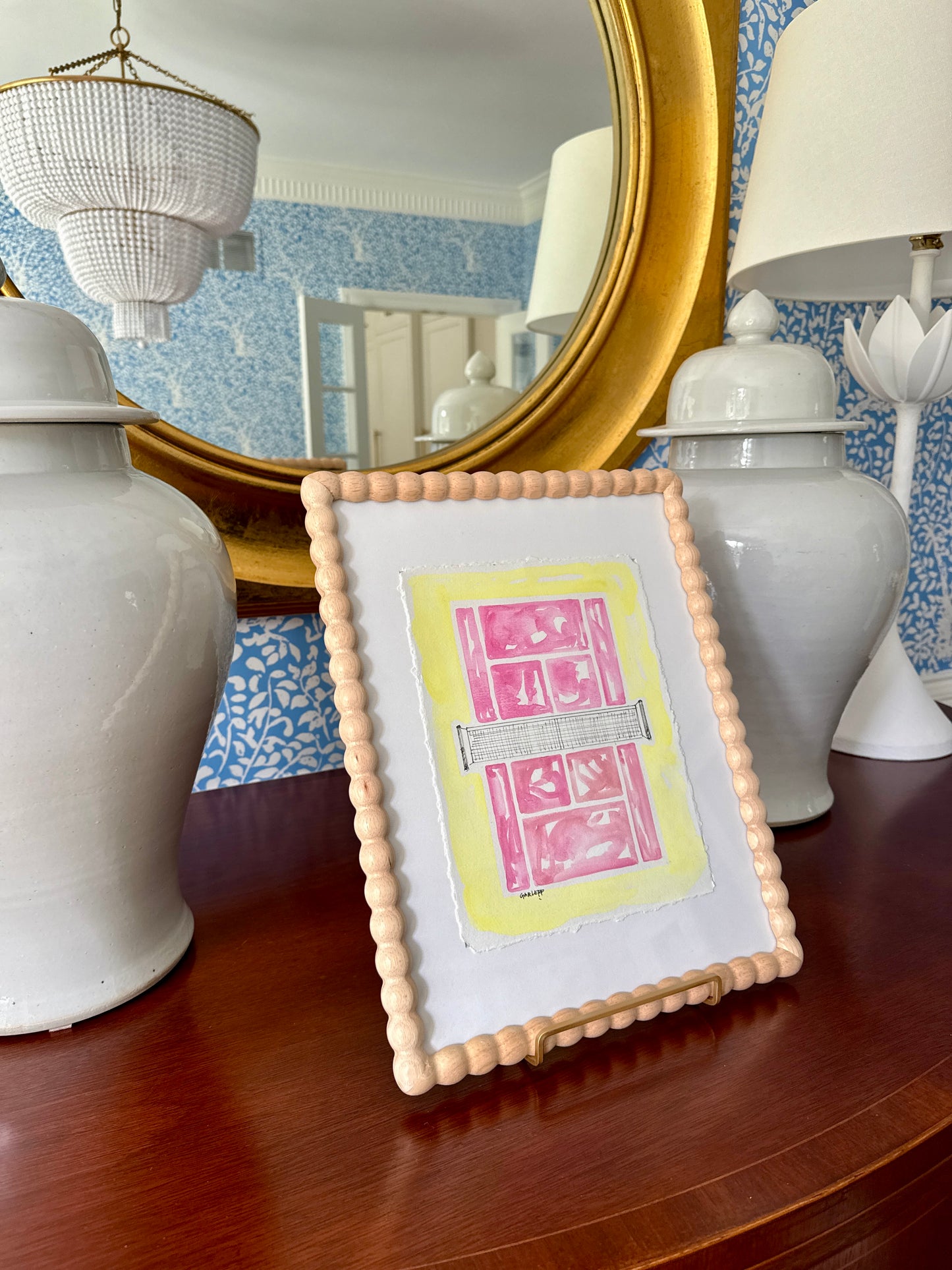 Sharon Garlepp Pink Lemonade Tennis Time Watercolor Painting in Natural Wood Bobbin Frame