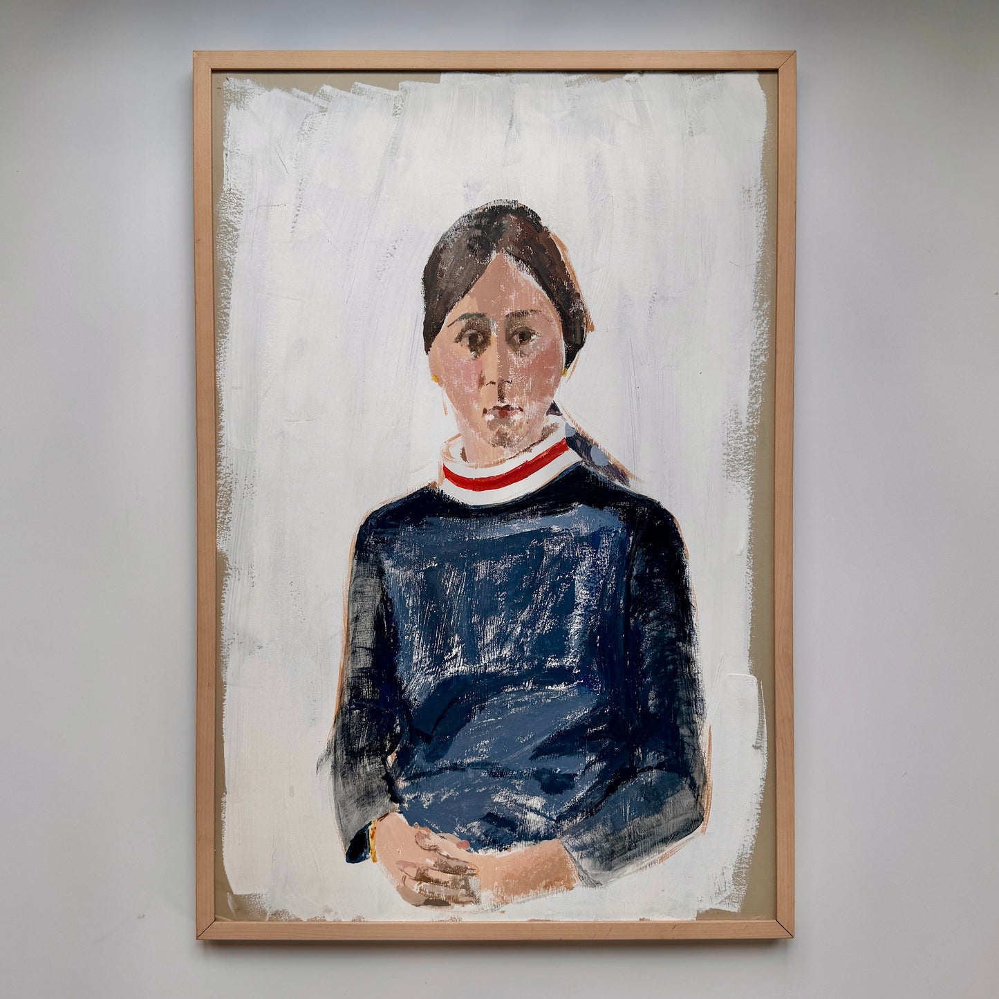 Vintage Young Girl in Blue Modernist Portrait Oil Painting in Natural Wood Frame