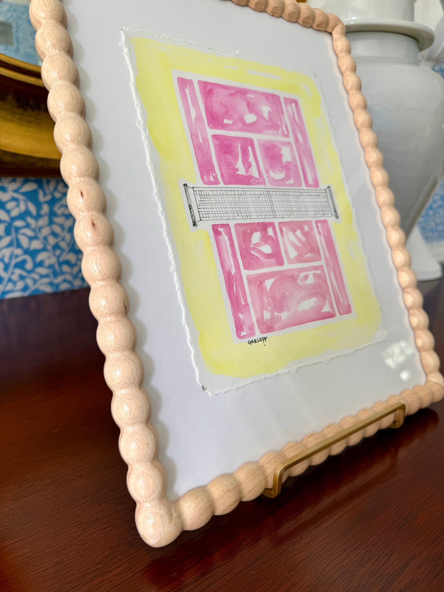 Sharon Garlepp Pink Lemonade Tennis Time Watercolor Painting in Natural Wood Bobbin Frame