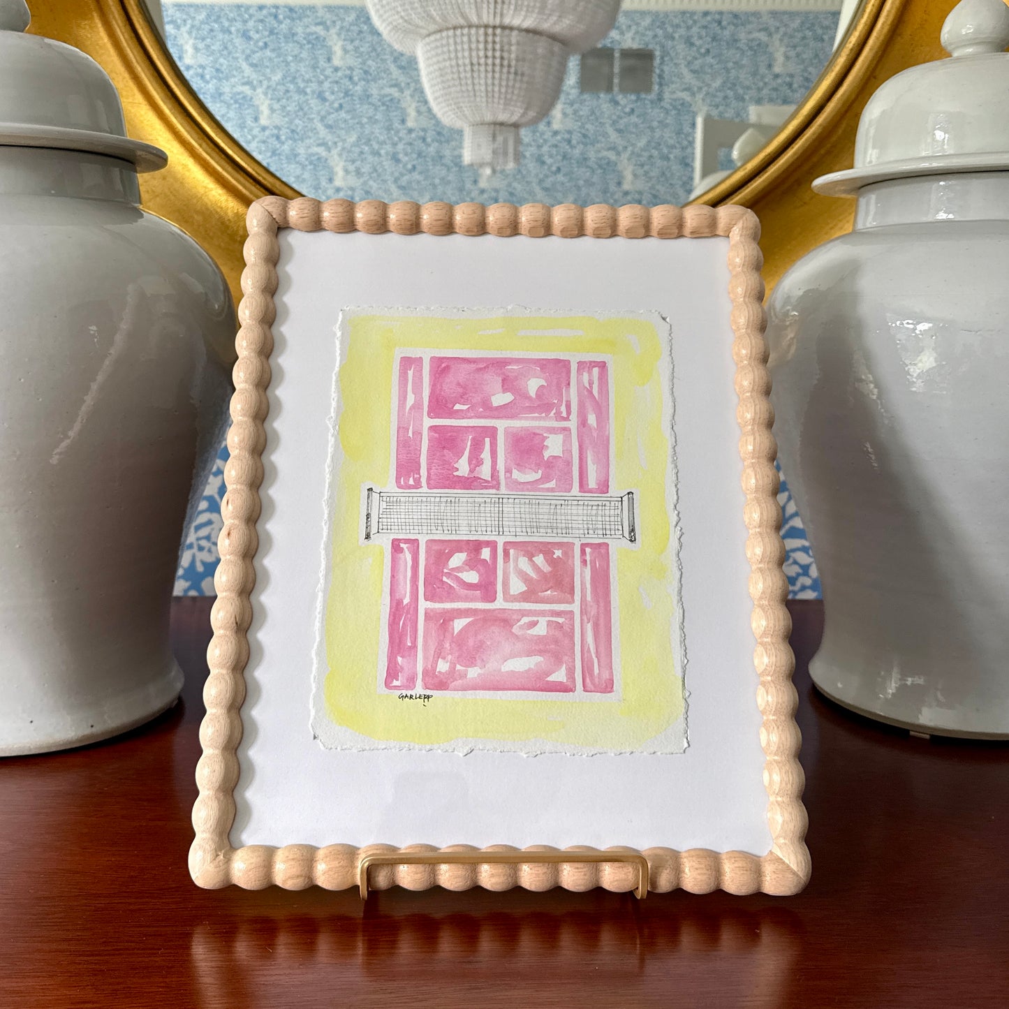 Sharon Garlepp Pink Lemonade Tennis Time Watercolor Painting in Natural Wood Bobbin Frame