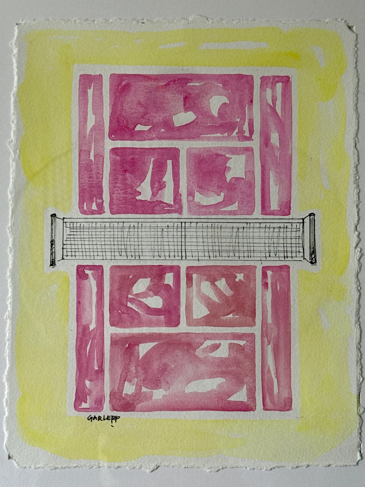 Sharon Garlepp Pink Lemonade Tennis Time Watercolor Painting in Natural Wood Bobbin Frame