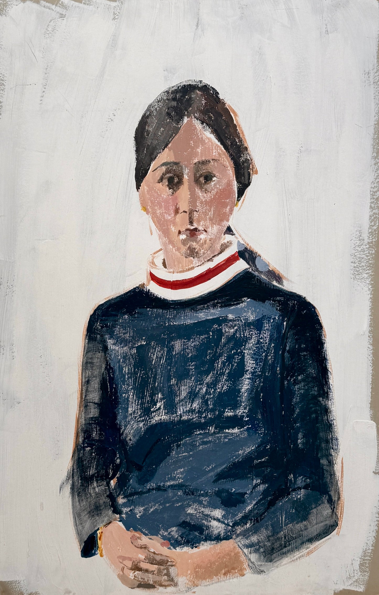 Vintage Young Girl in Blue Modernist Portrait Oil Painting in Natural Wood Frame