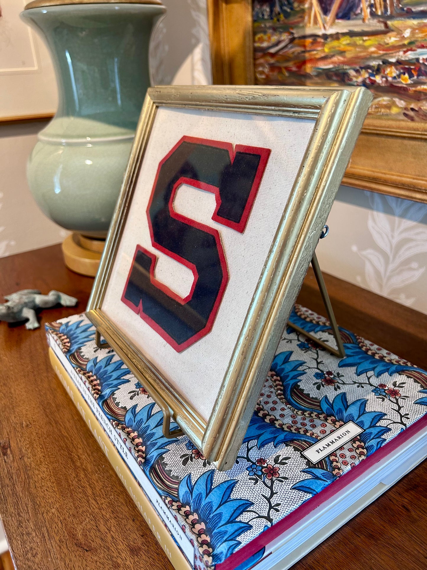 Vintage Navy and Red Varsity Letter Initial S on Ivory Duck Cloth in Gold Frame