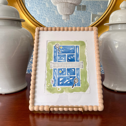 Sharon Garlepp Blue Green Honey Deuce Tennis Time Watercolor Painting in Natural Wood Bobbin Frame