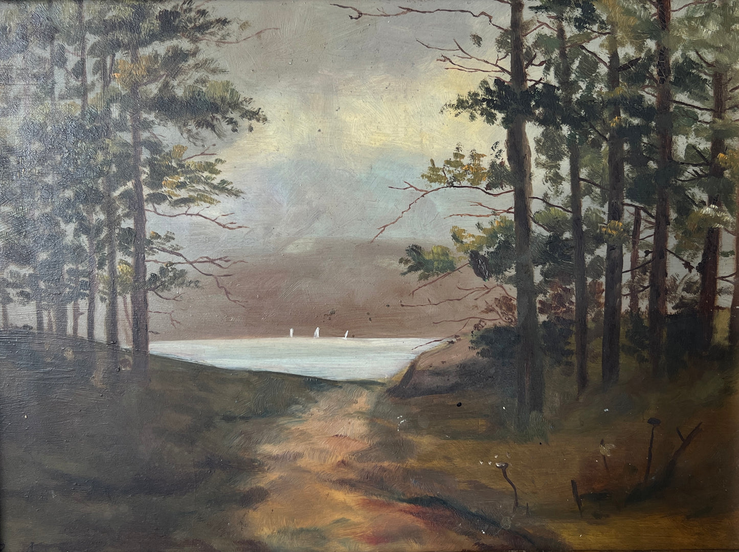 19th Century 1887 Sailboats on Lake Oil Painting in Carved Gilded Frame