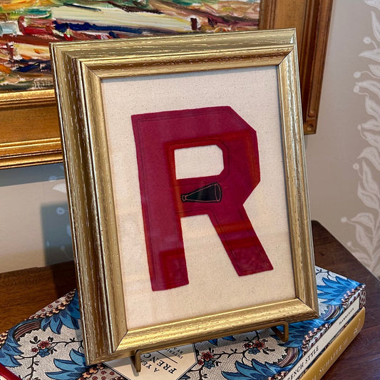 Vintage Red Varsity Letter Initial R with Megaphone on Ivory Sail Cloth in Gold Frame