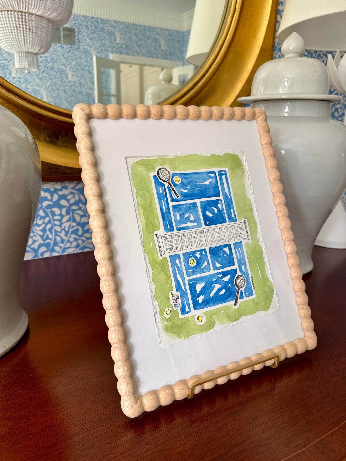 Sharon Garlepp Blue Green Honey Deuce Tennis Time Watercolor Painting in Natural Wood Bobbin Frame