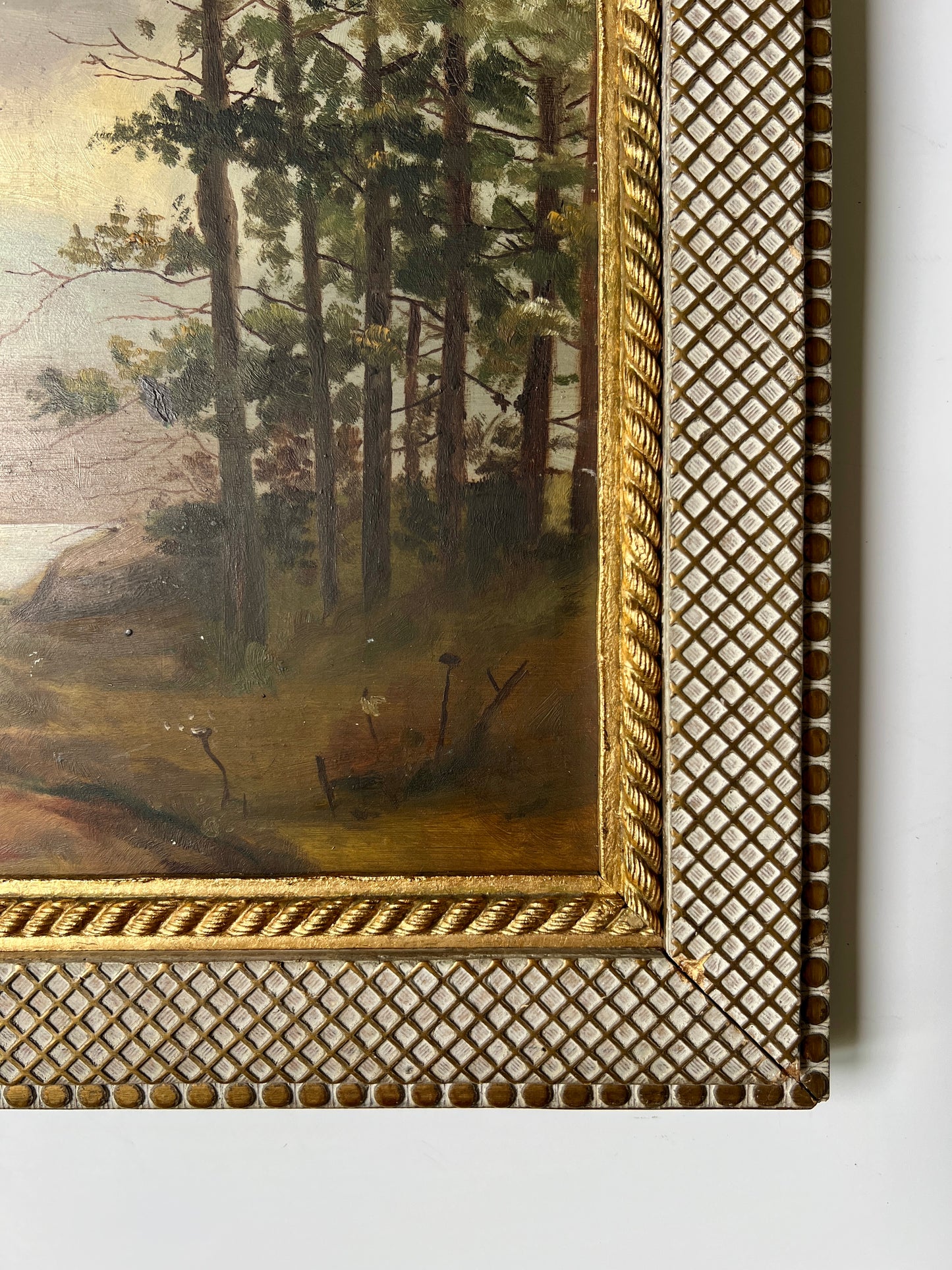19th Century 1887 Sailboats on Lake Oil Painting in Carved Gilded Frame