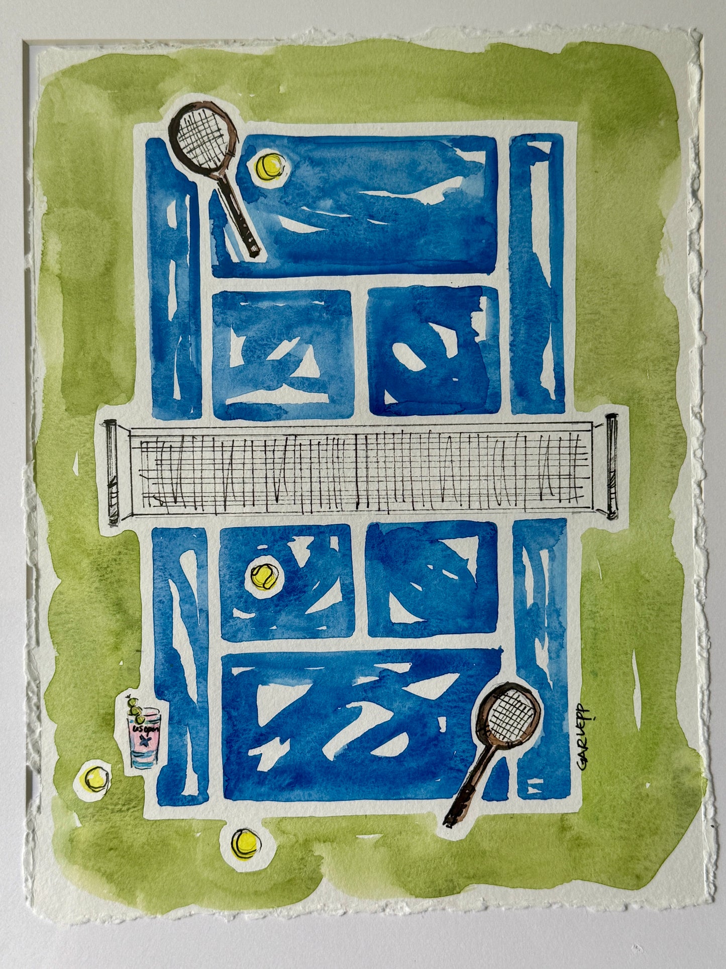 Sharon Garlepp Blue Green Honey Deuce Tennis Time Watercolor Painting in Natural Wood Bobbin Frame
