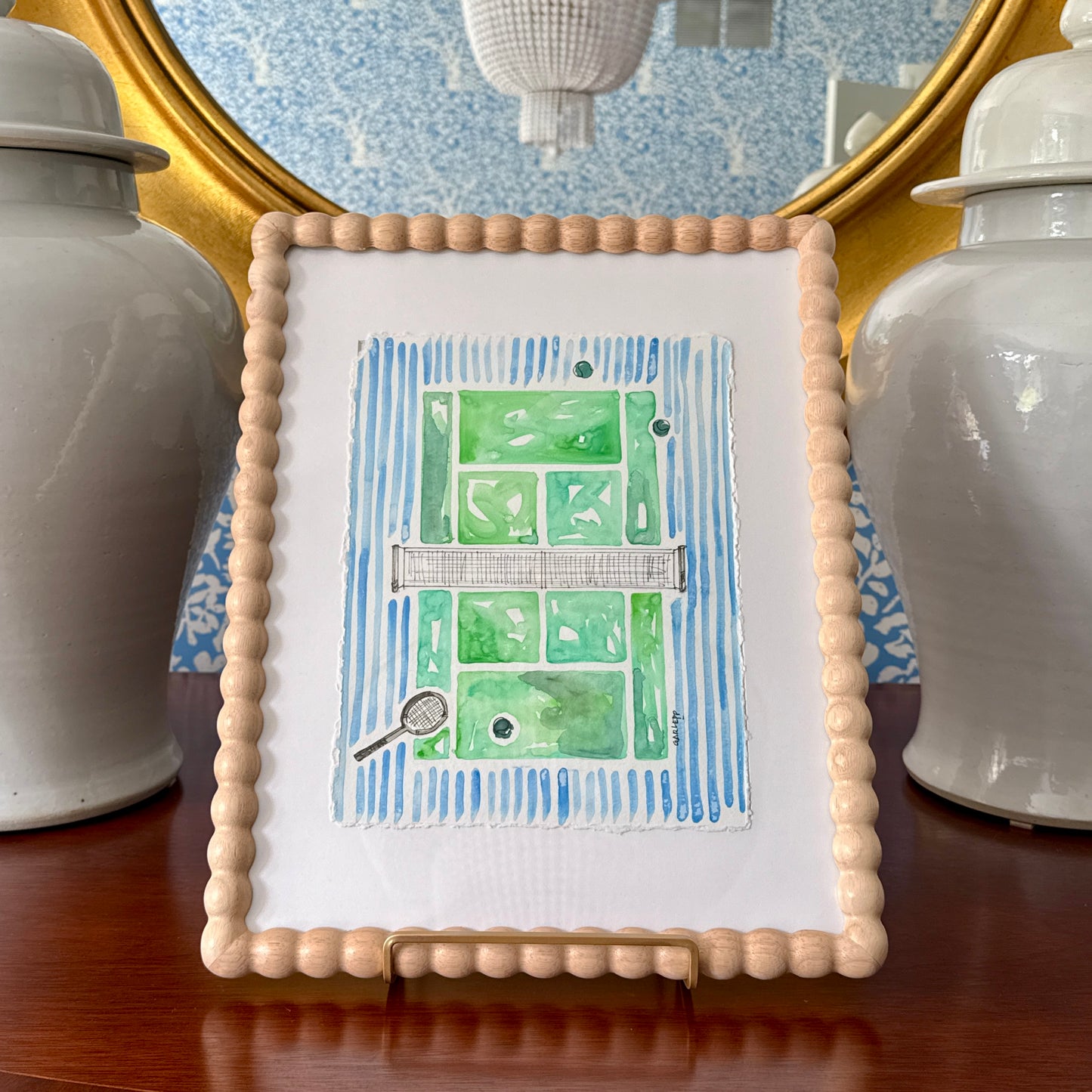 Sharon Garlepp Green and Blue Striped Tennis Time Watercolor Painting in Natural Wood Bobbin Frame