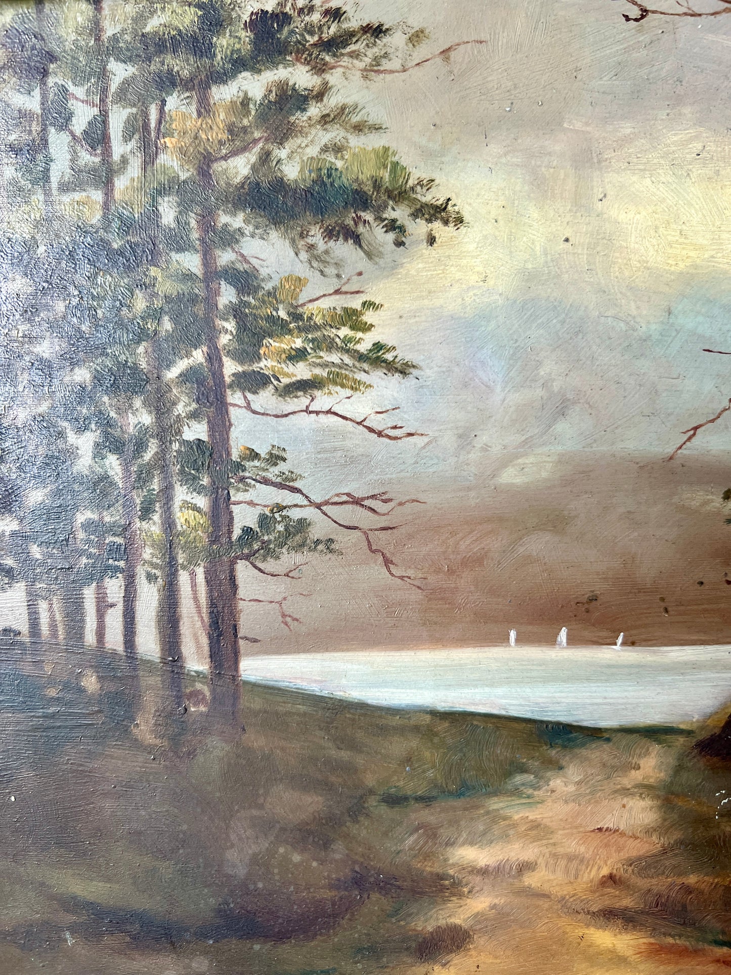 19th Century 1887 Sailboats on Lake Oil Painting in Carved Gilded Frame