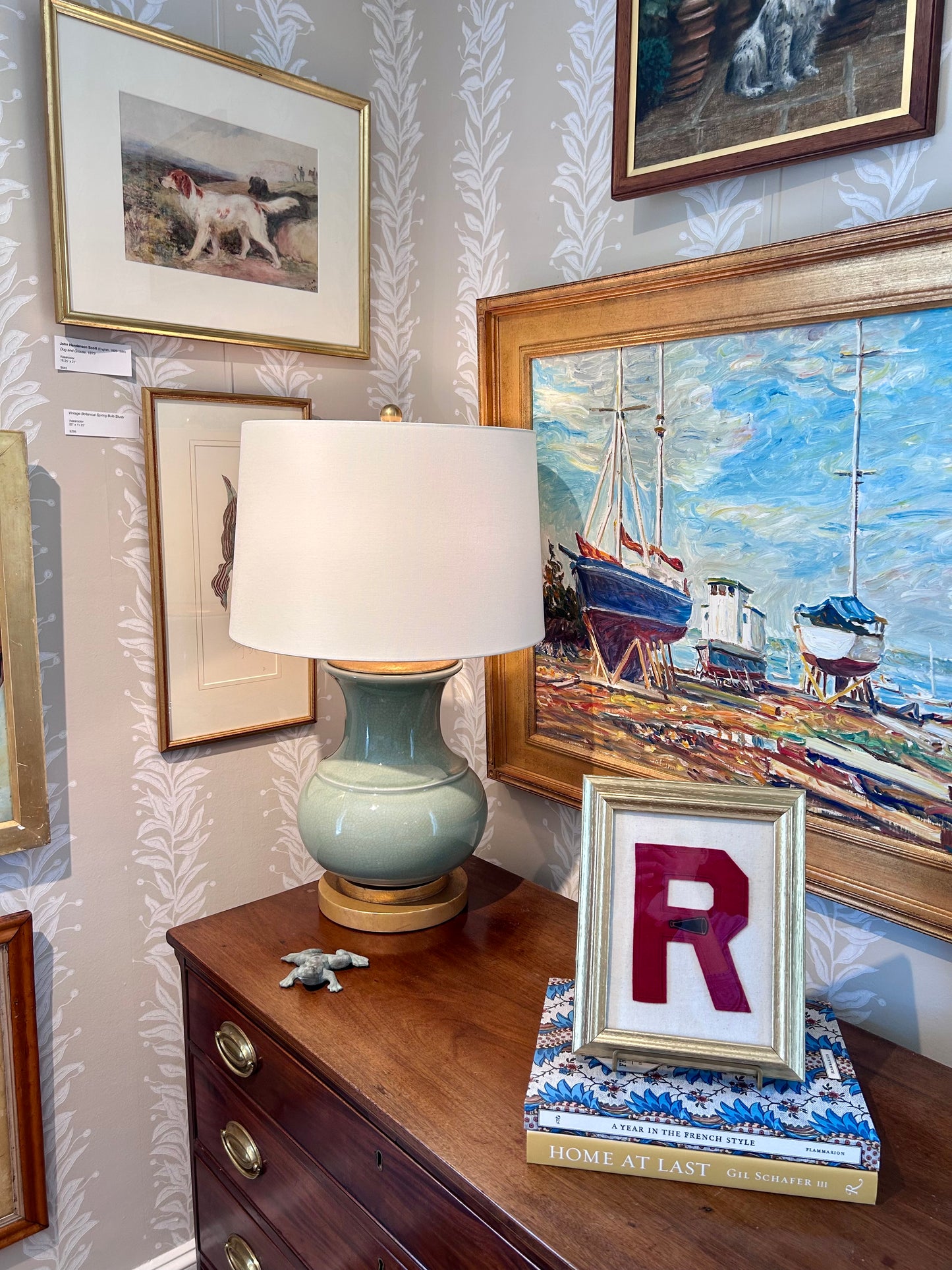 Vintage Red Varsity Letter Initial R with Megaphone on Ivory Sail Cloth in Gold Frame