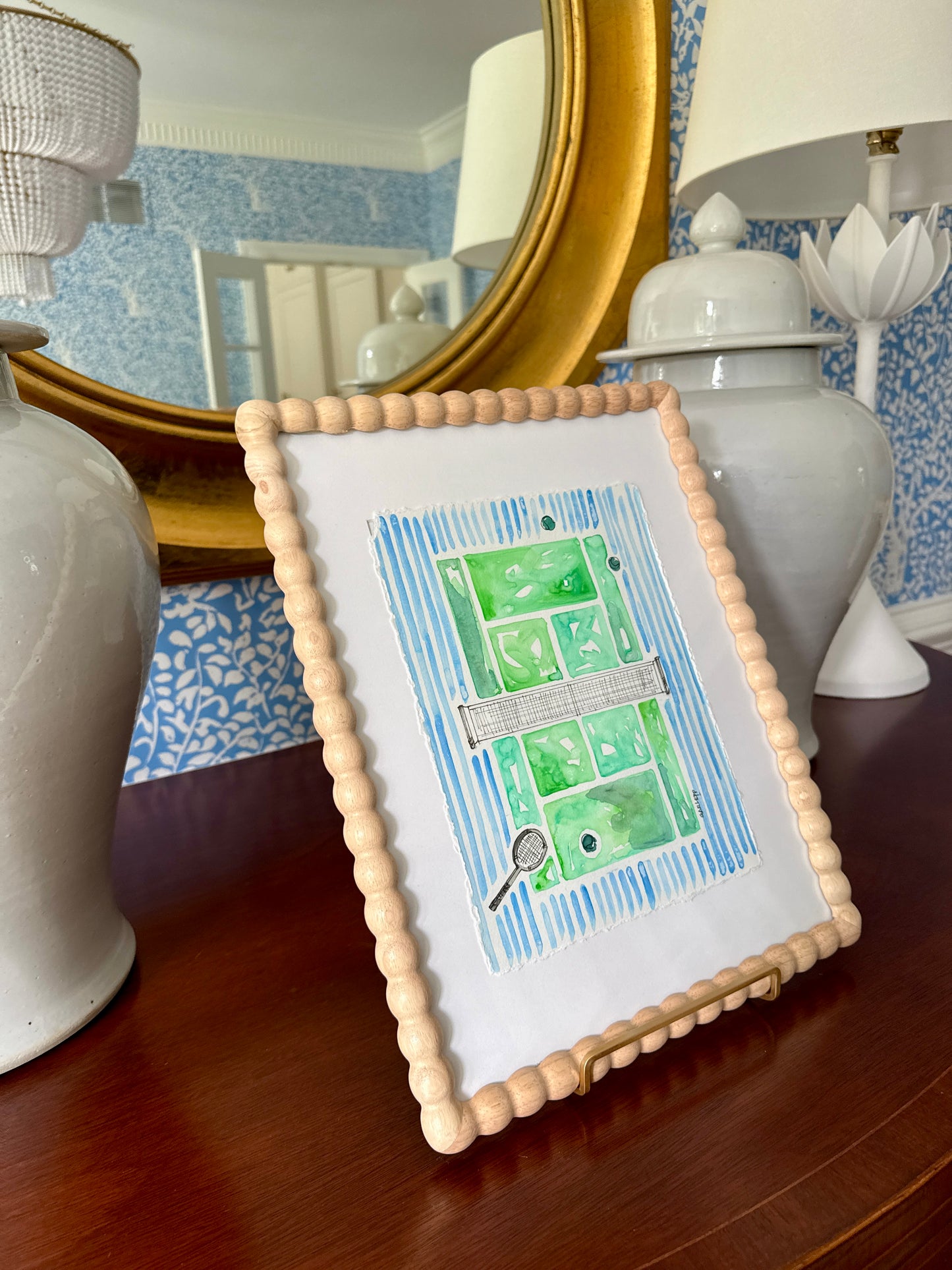Sharon Garlepp Green and Blue Striped Tennis Time Watercolor Painting in Natural Wood Bobbin Frame
